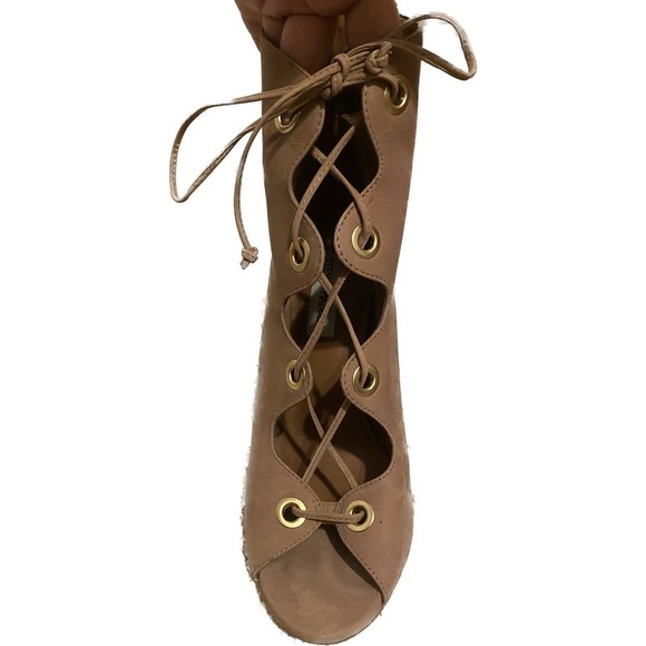 Steve Madden Boots Womens 8 Carusso Tan Leather Peep Toe Block Heel Lace Up - Picture 3 of 6
